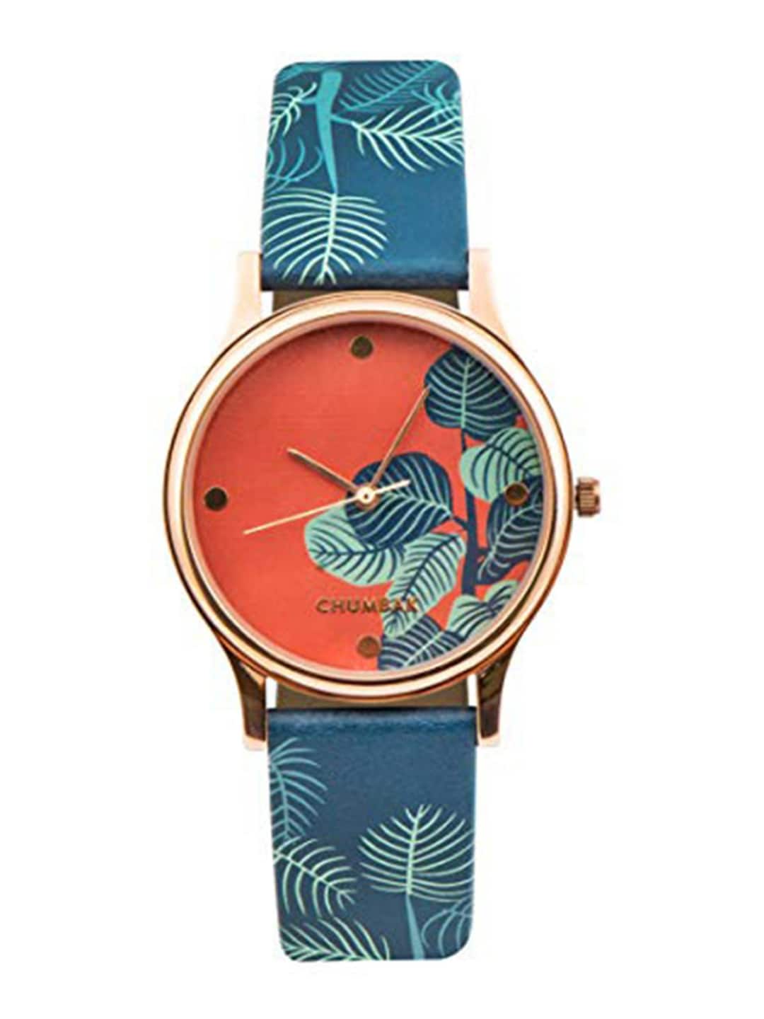 Chumbak Women Orange Brass Printed Dial & Blue Leather Straps Analogue Watch Price in India
