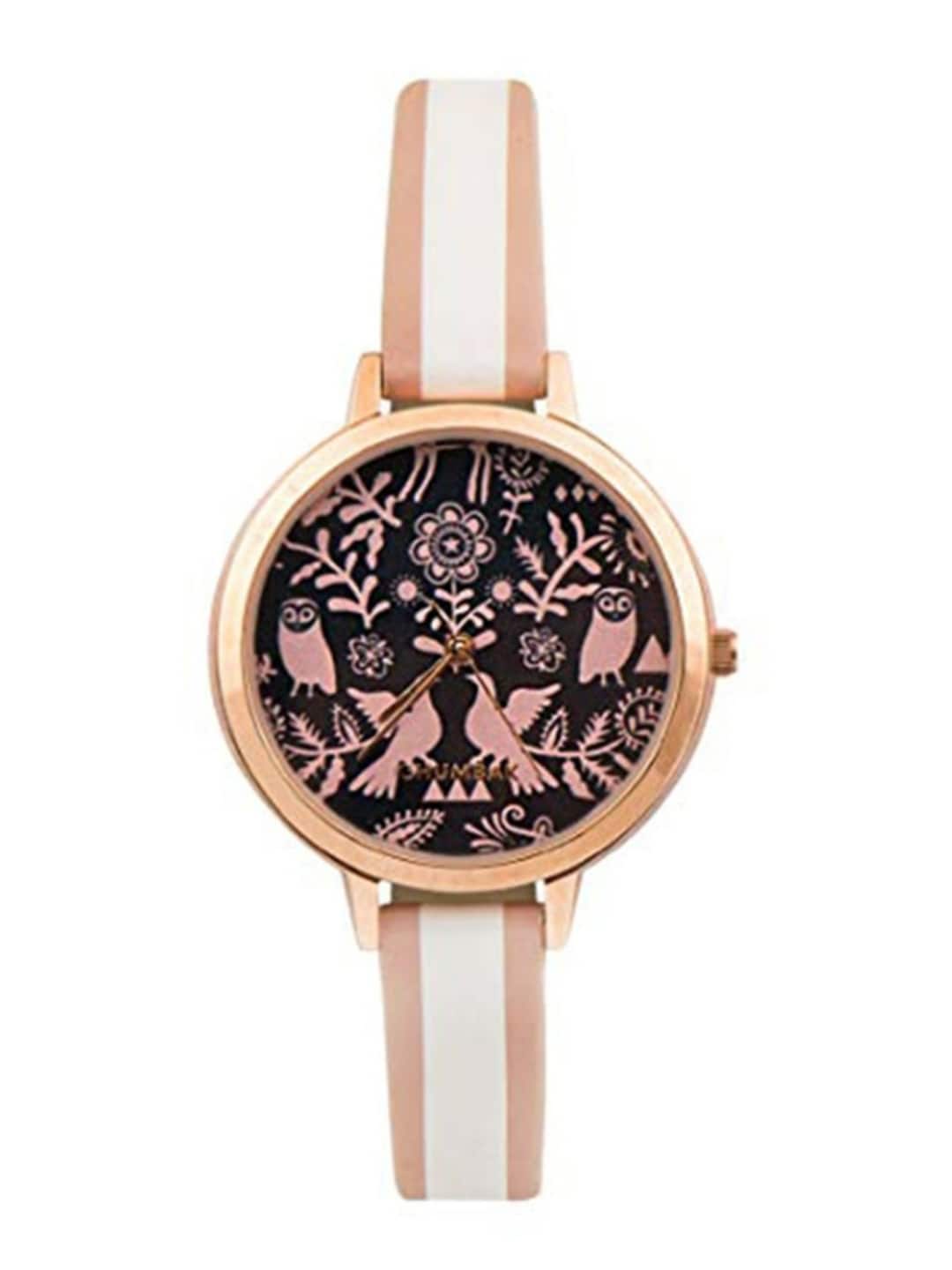Chumbak Women Black Brass Printed Dial & White Leather Bracelet Style Straps Analogue Watch Price in India