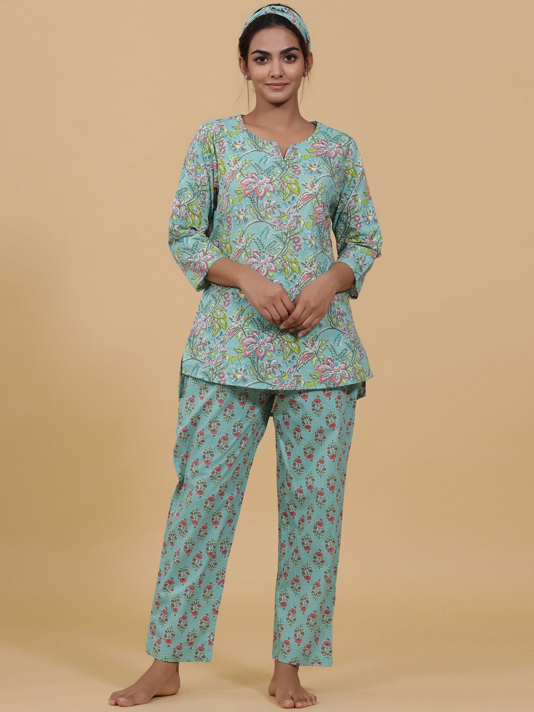 mirari Teal Green Printed Pure Cotton Night suit Price in India