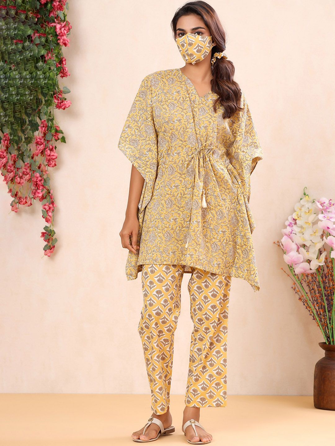 mirari Women Yellow & Brown Printed Pure Cotton Night suit Price in India