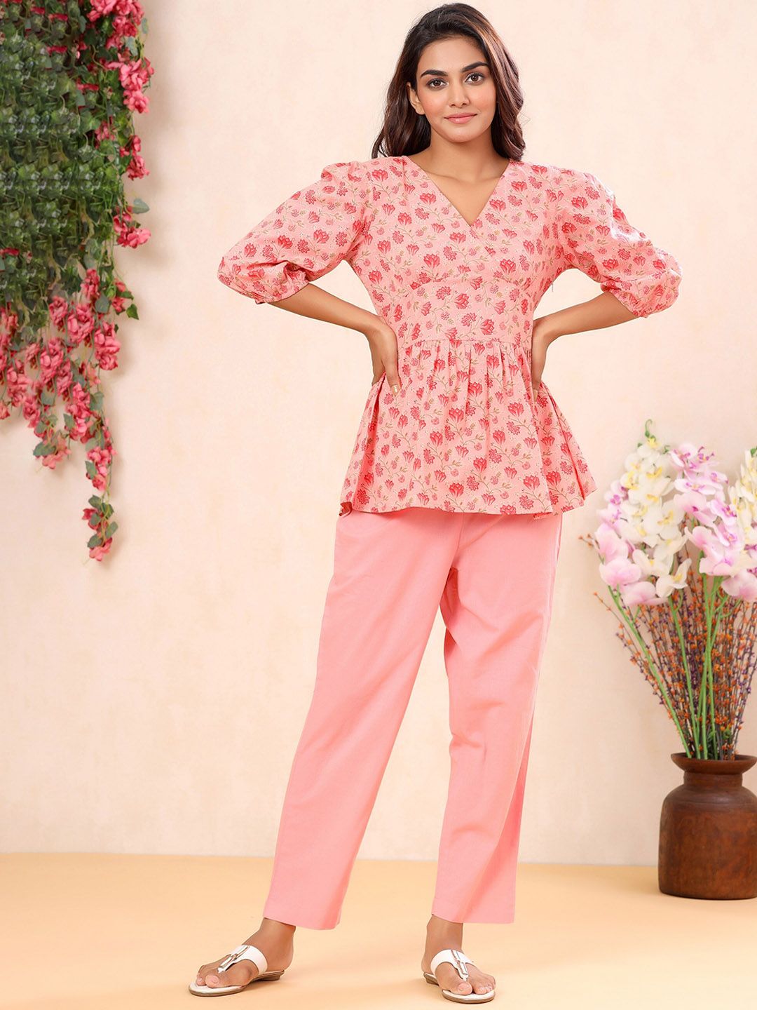 mirari Women Peach-Coloured & Pink Printed Cotton Night suit Price in India