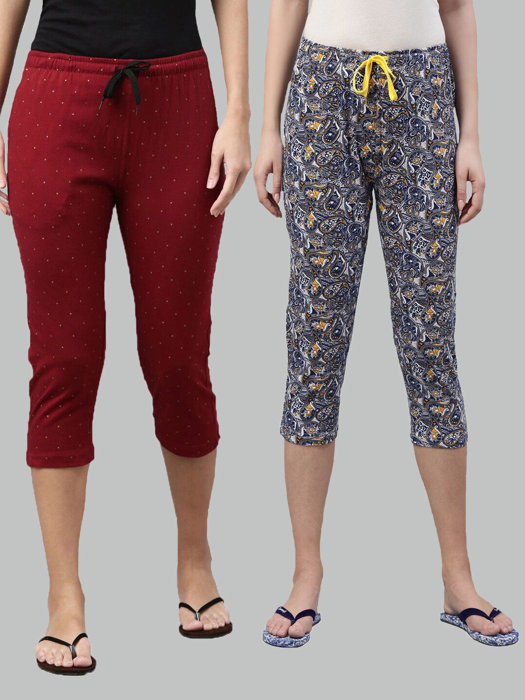 Kryptic Women Maroon & Blue Set Of 2 Printed Cotton Lounge Capris Price in India