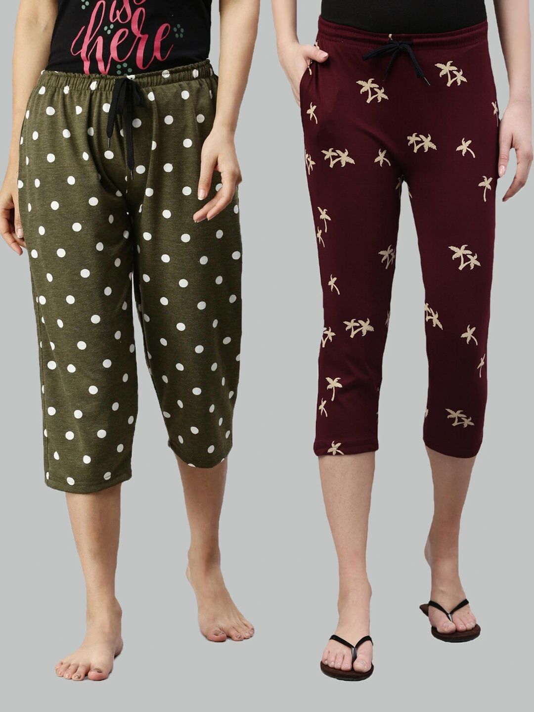 Kryptic Women Pack Of 2 Green & Maroon Printed Cotton Lounge Capris Price in India