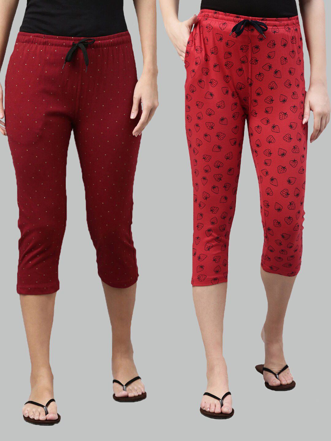 Kryptic Women Pack of 2 Maroon & Red Printed Pure Cotton Lounge Capris Price in India