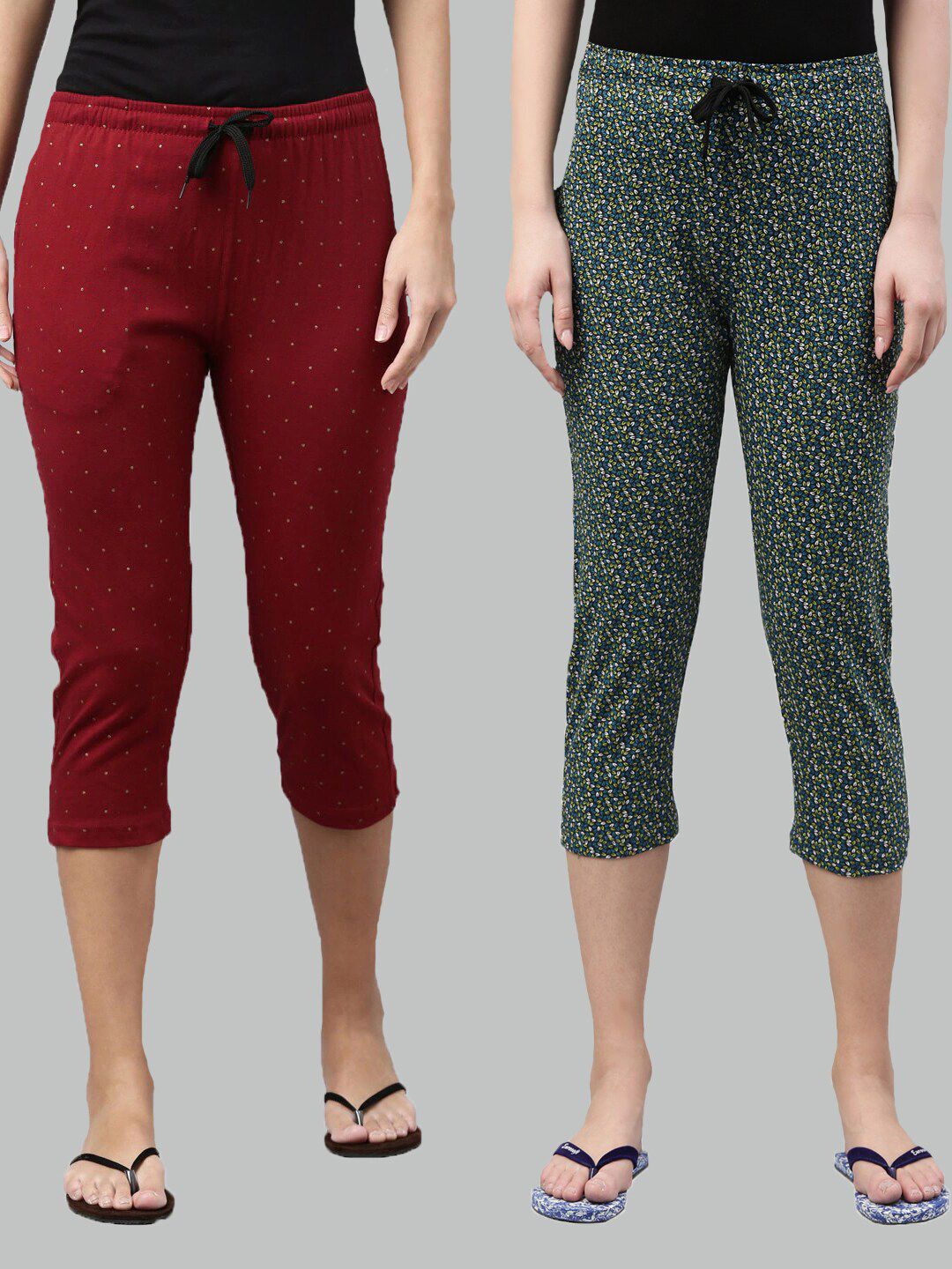 Kryptic Women Maroon & Green Pack Of 2 Printed Lounge Capris Price in India