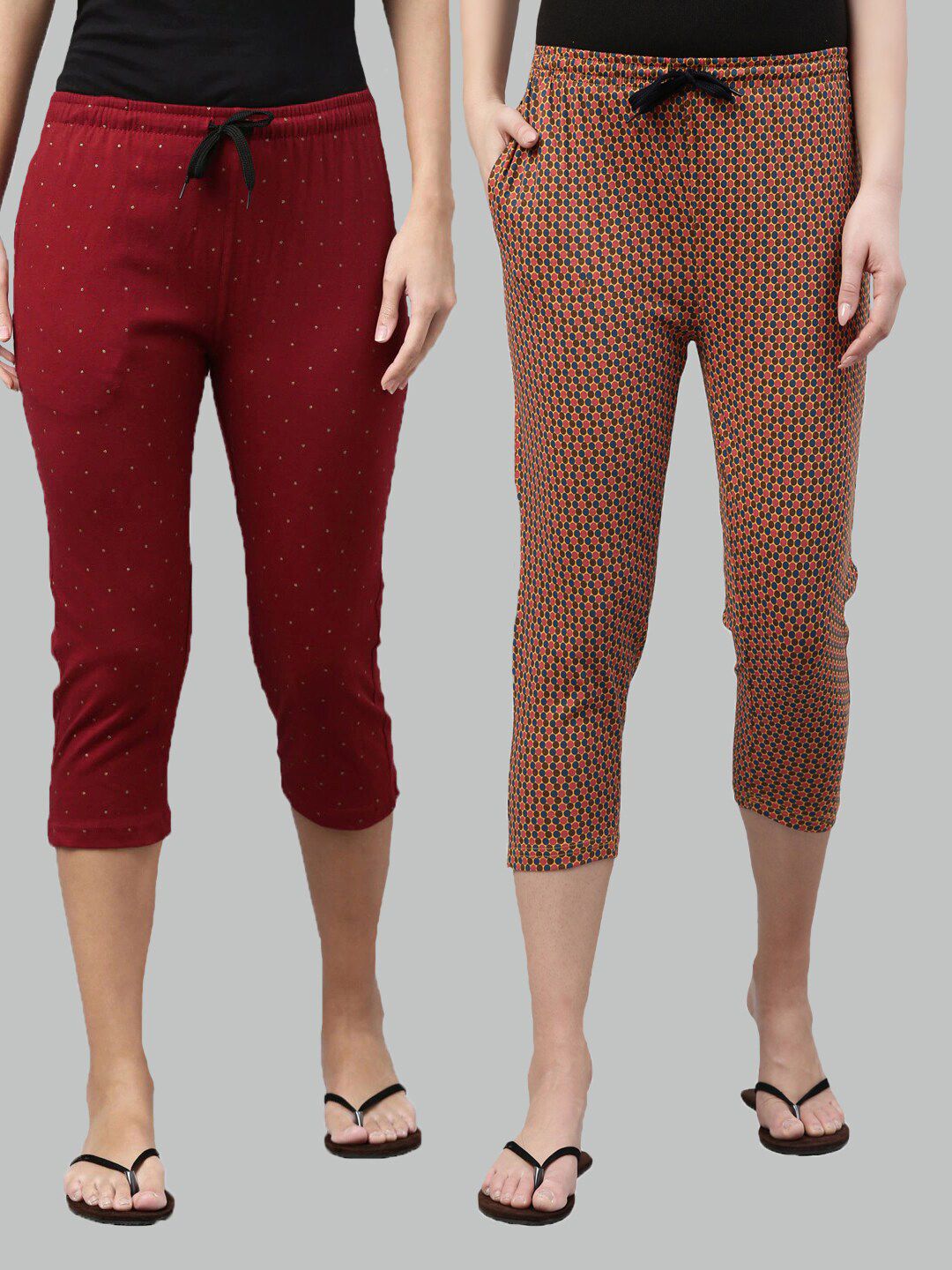 Kryptic Women Set Of 2 Maroon & Mustard Yellow Regular Fit Printed Cotton Lounge Capris Price in India