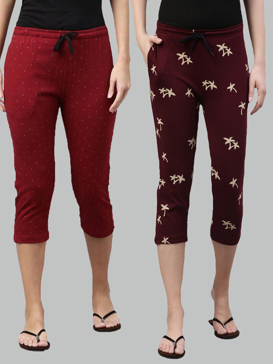 Kryptic Women Pack of 2 Maroon & Burgundy Printed Pure Cotton Lounge Capris Price in India