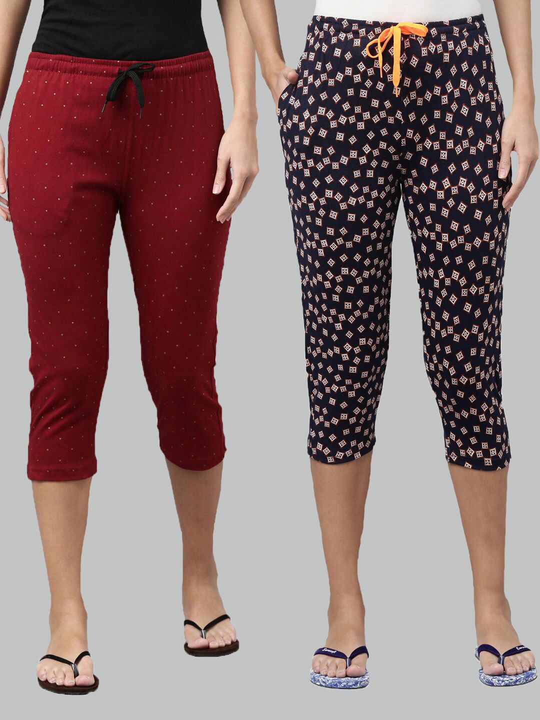 Kryptic Women Maroon & Navy Blue Set Of 2 Printed Cotton Lounge Capris Price in India