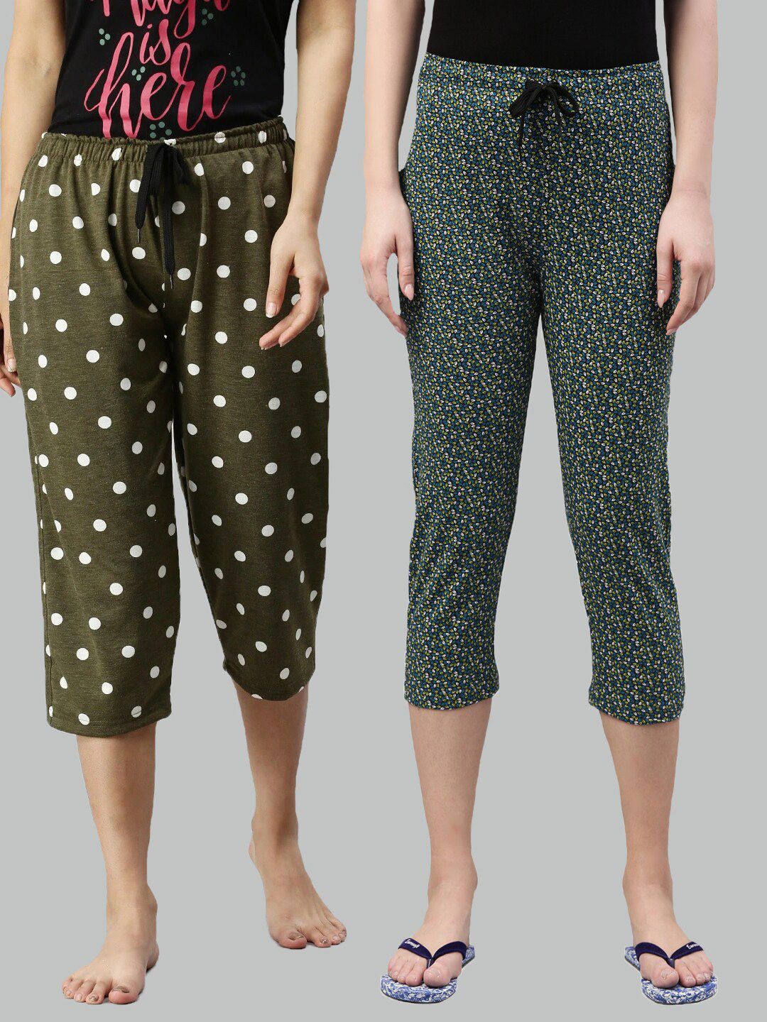 Kryptic Women Set Of 2 Green Regular Fit Printed Cotton Lounge Capris Price in India