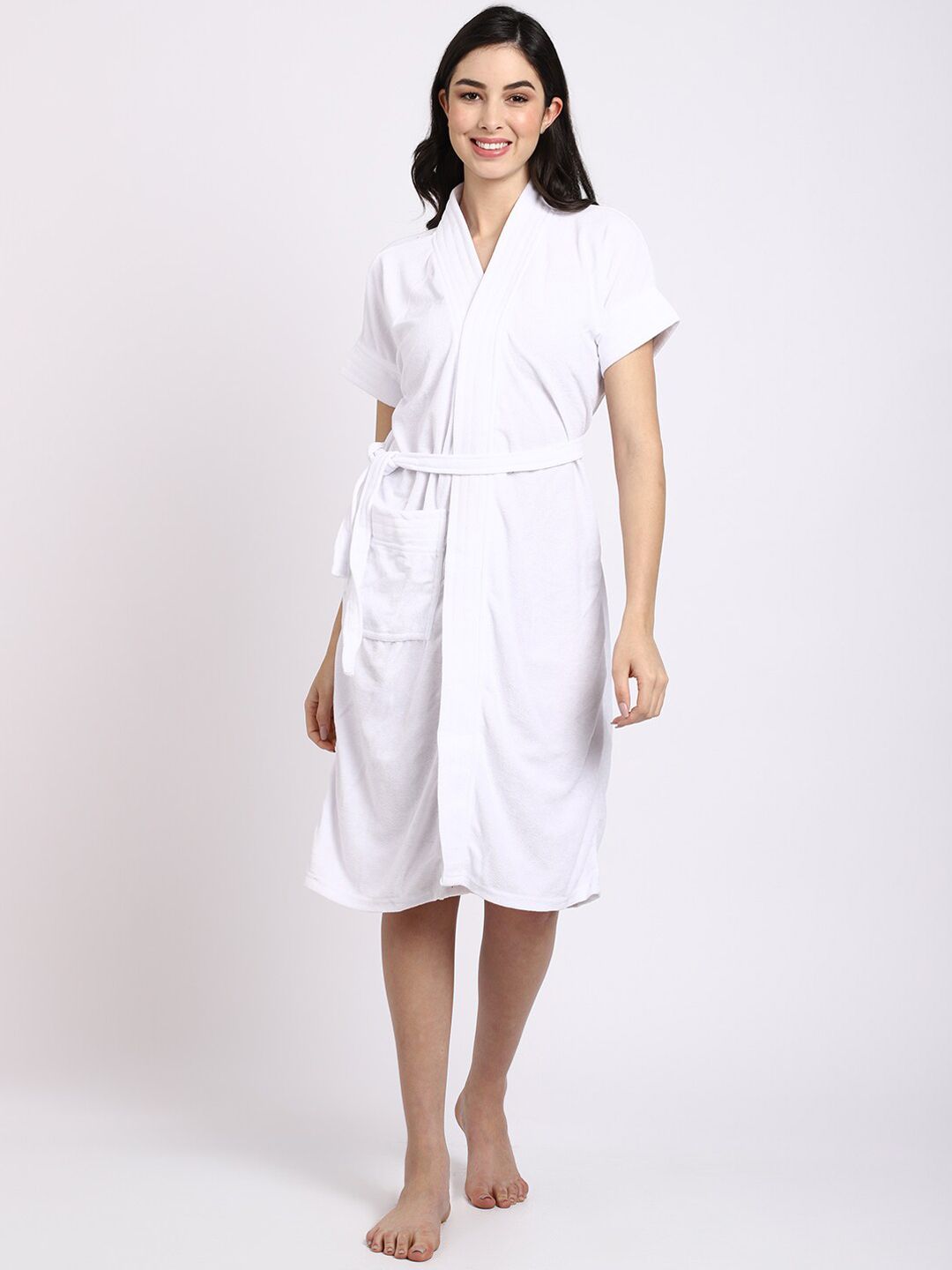 ELEVANTO Women White Solid Bath Robe With Belt Price in India