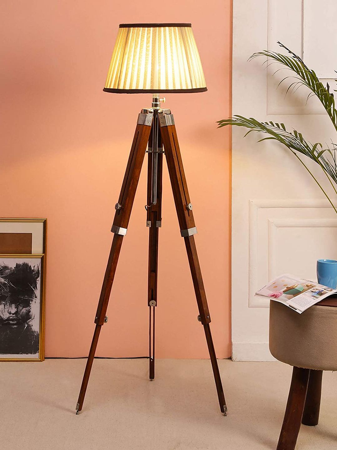 BEVERLY STUDIO Brown 14 Inch Cross Pleated Wooden Tripod Floor Lamp Price in India