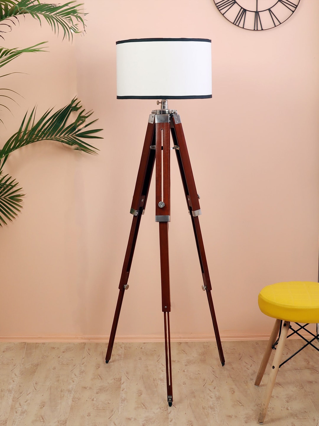 BEVERLY STUDIO Brown & White 14 Inch Drum Wooden Tripod Floor Lamp Price in India