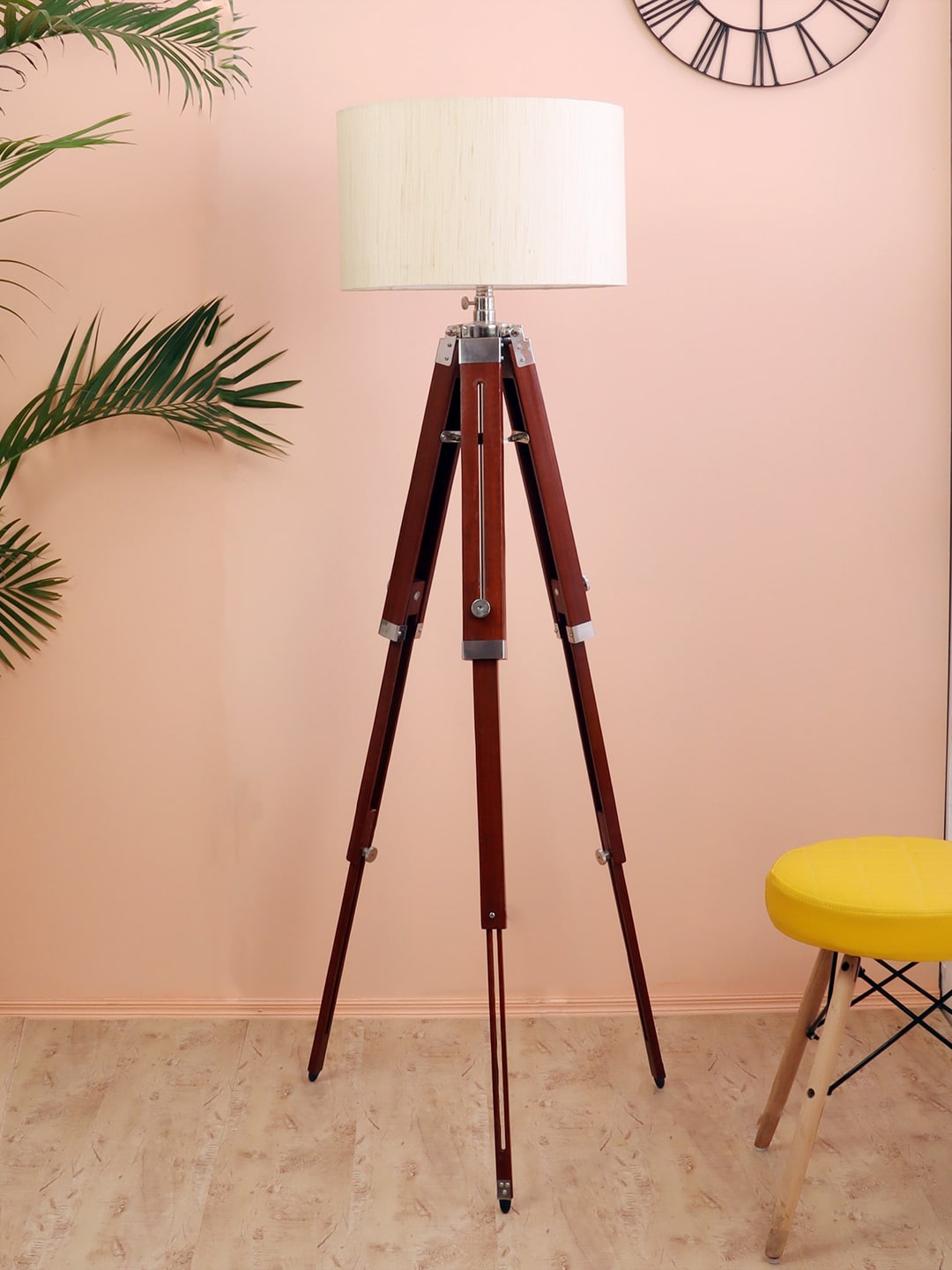 BEVERLY STUDIO Brown & Beige 14 Inch Wooden Tripod Floor Lamp Price in India