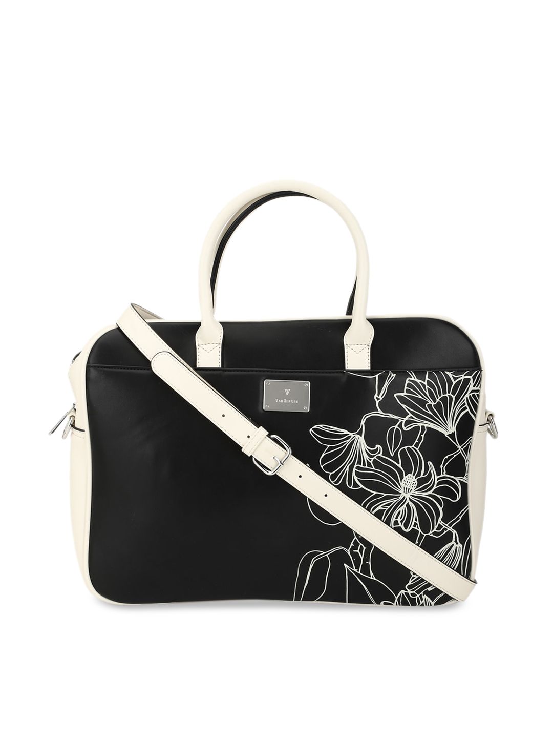 Van Heusen Woman Black & Off-White Printed PU Structured Handheld Bag Price in India