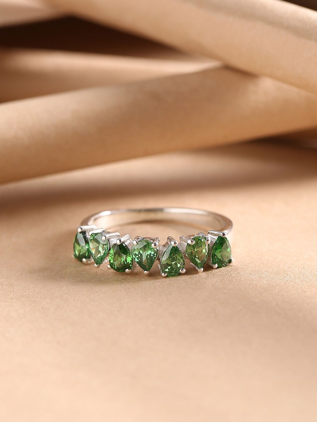 Hiara Jewels 925 Sterling Silver Rhodium-Plated Green CZ-Studded Finger Ring Price in India