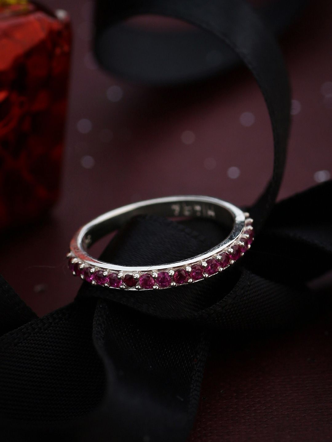 Hiara Jewels 925 Sterling Silver Rhodium-Plated Pink CZ-Studded Finger Ring Price in India