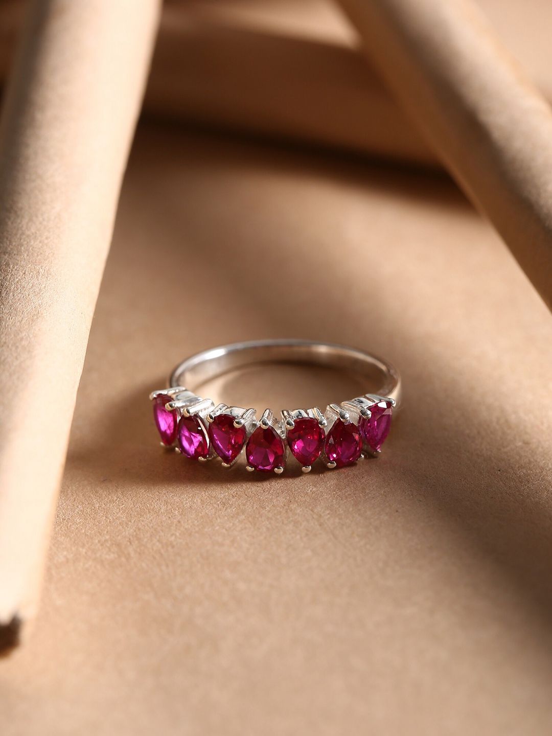 Hiara Jewels Pink 925 Sterling Silver Rhodium-Plated Pink CZ-Studded Finger Ring Price in India