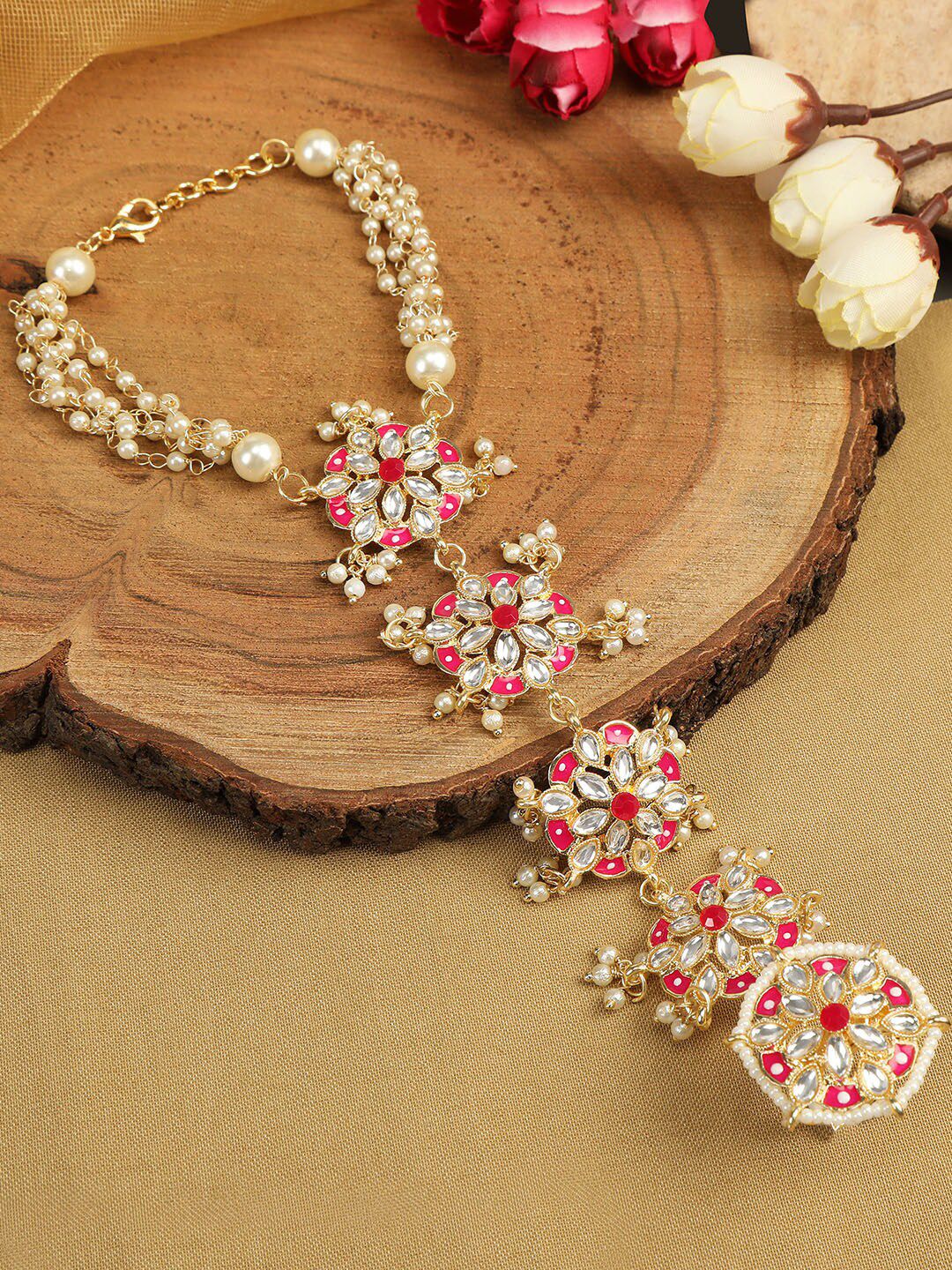 AccessHer Gold-Plated Pink & White Kundan Ring Bracelet Price in India