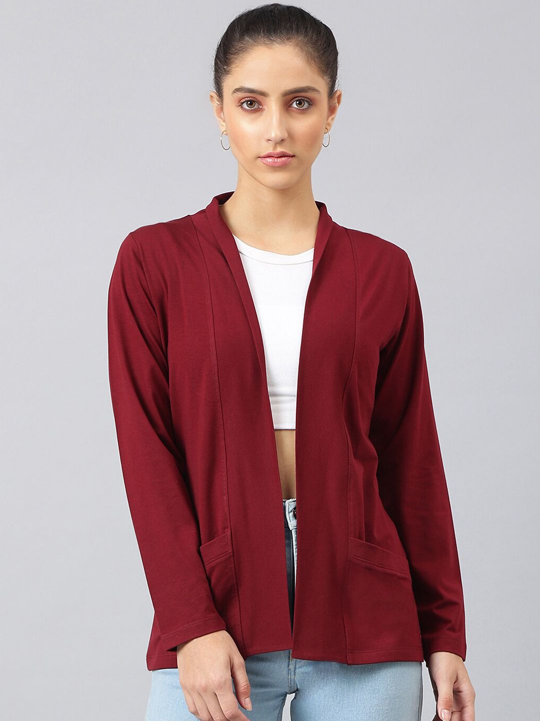 FEMEA Women Maroon Longline Shrug Price in India