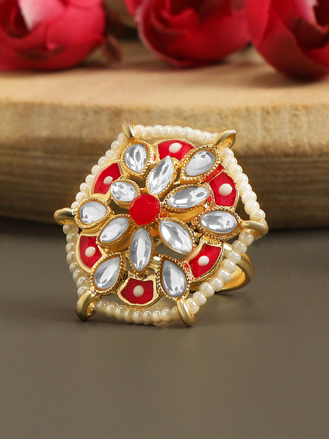 AccessHer Enamelled Gold-Plated Red & White Kundan & Pearls Beaded Finger Ring Price in India