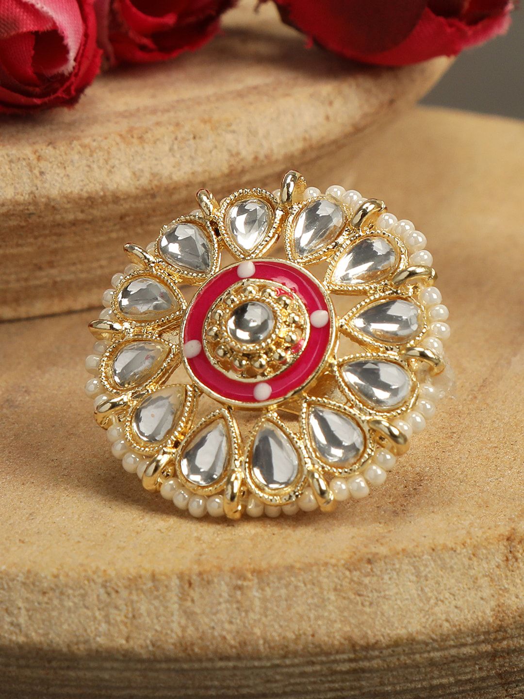 AccessHer Gold-Plated White  Kundan-Studded & Pearl Beaded Adjustable Finger Ring Price in India