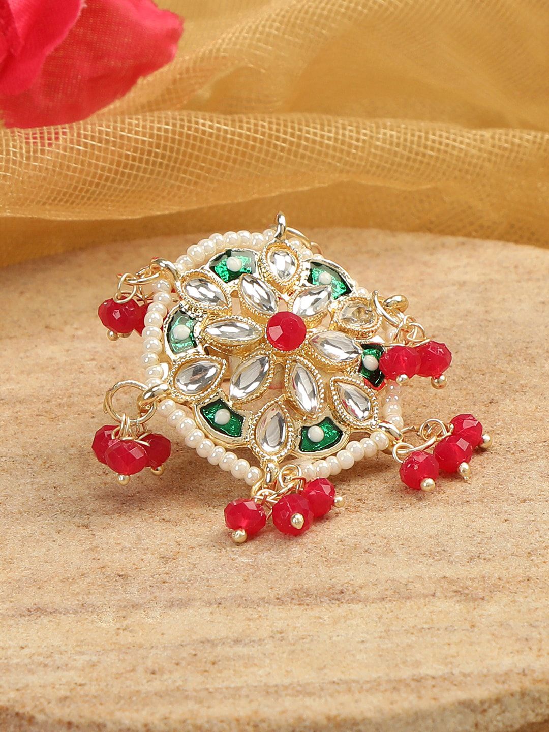 AccessHer Gold-Plated White & Red Kundan-Studded & Pearl Beaded Enamelled Adjustable Finger Ring Price in India