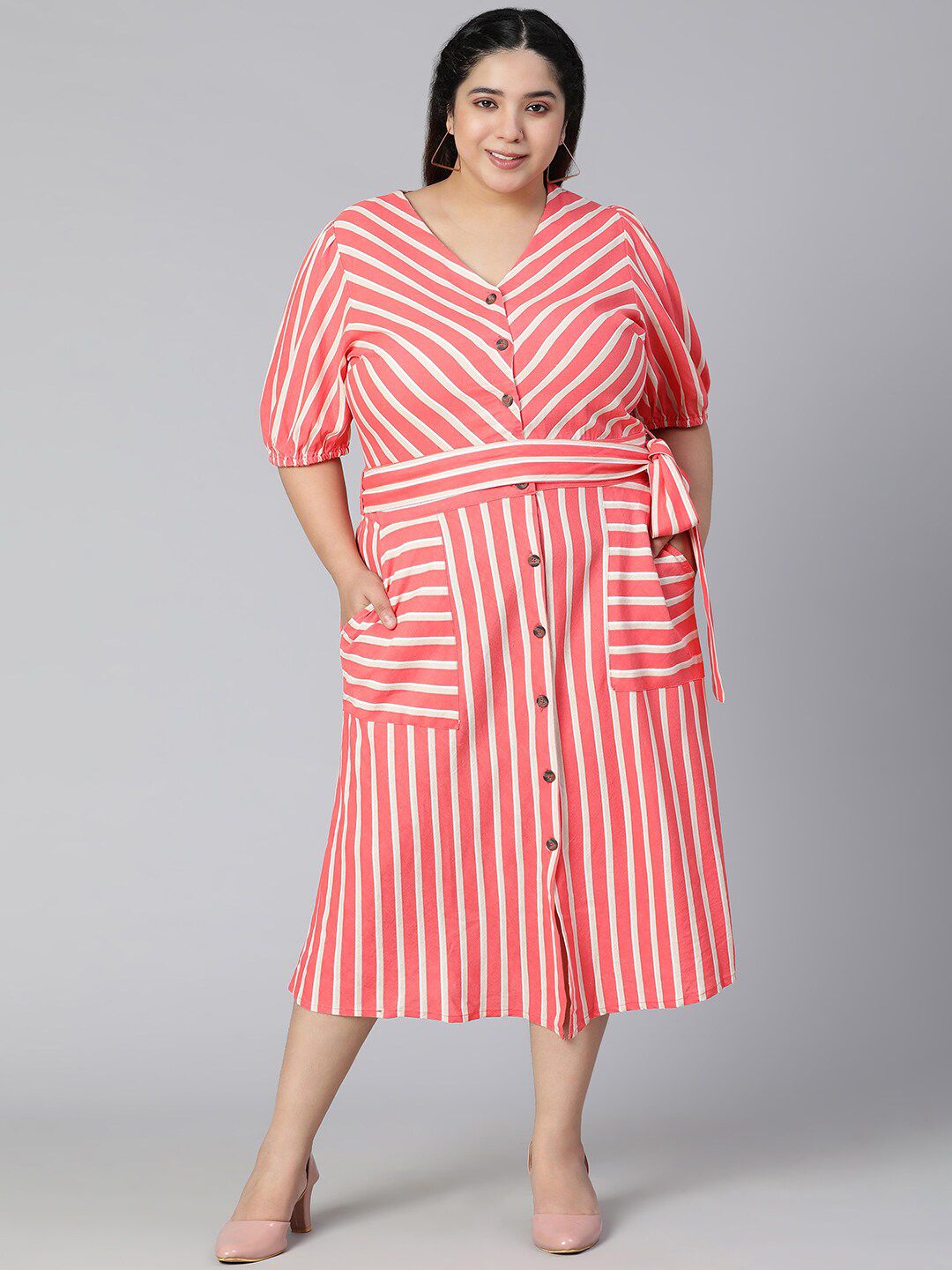 Oxolloxo Women Plus Size Red Striped A-Line Cotton Midi Dress Price in India