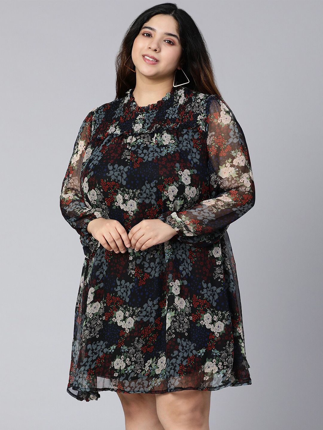 Oxolloxo Women Plus Size Black Floral Satin A-Line Dress Price in India