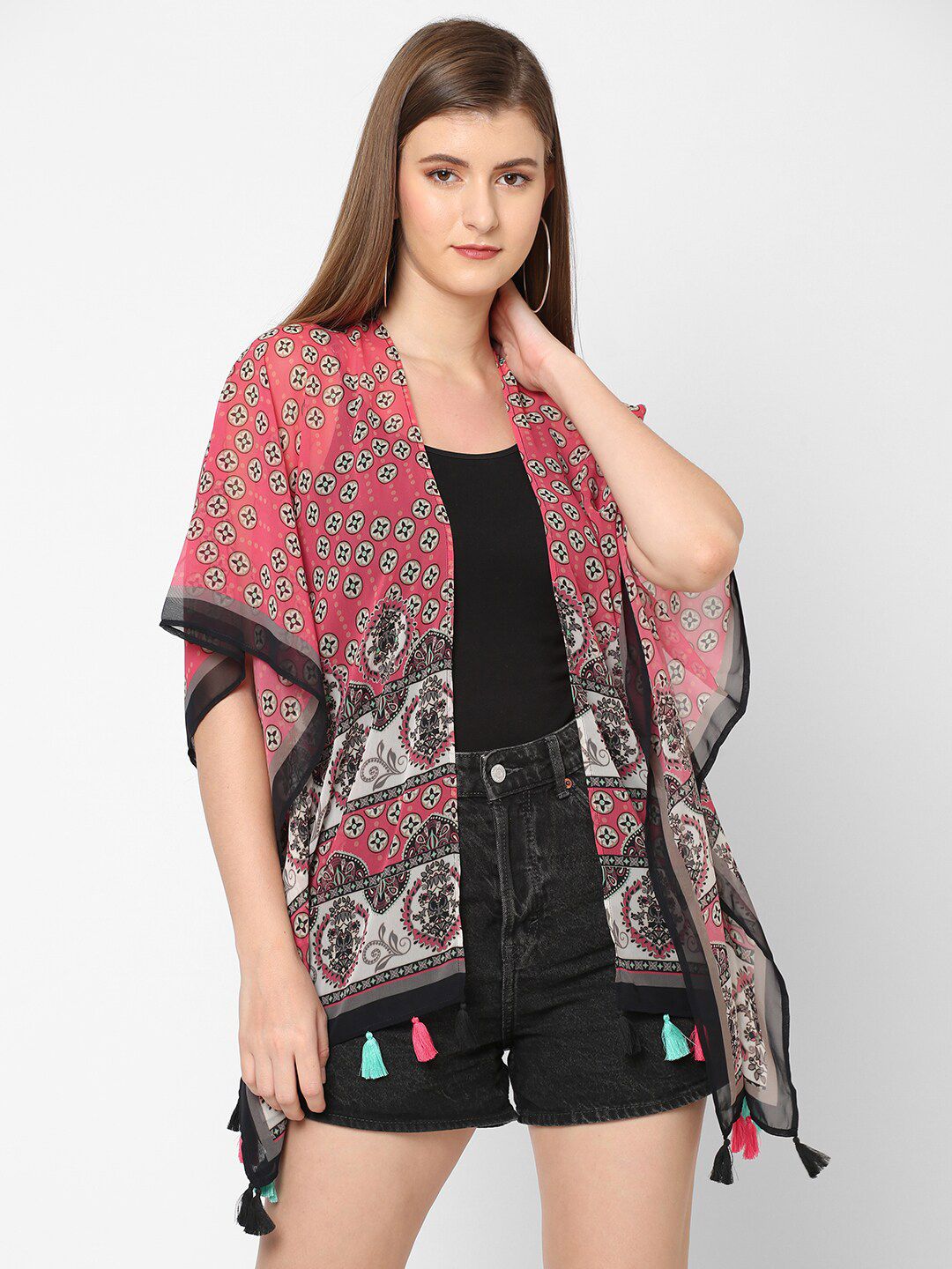 Cloth Haus India Women Pink & Black Printed Shrug Price in India