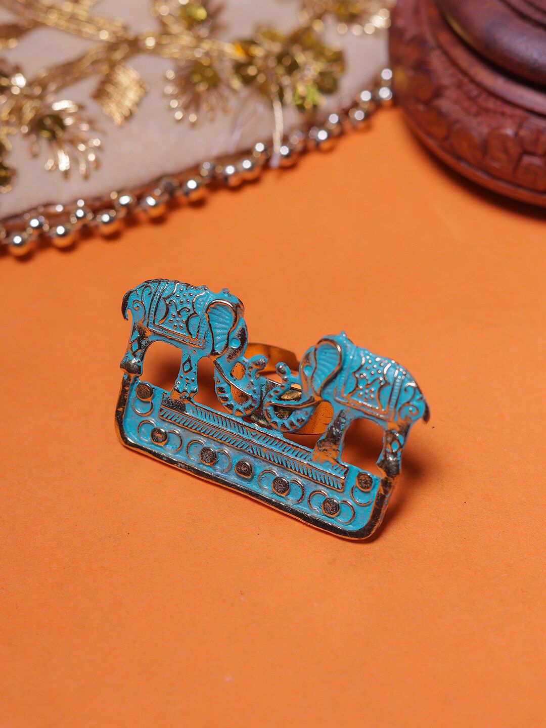 DIVA WALK Gold-Plated Blue Hand-Painted Elephant Shaped Adjustable Finger Ring Price in India