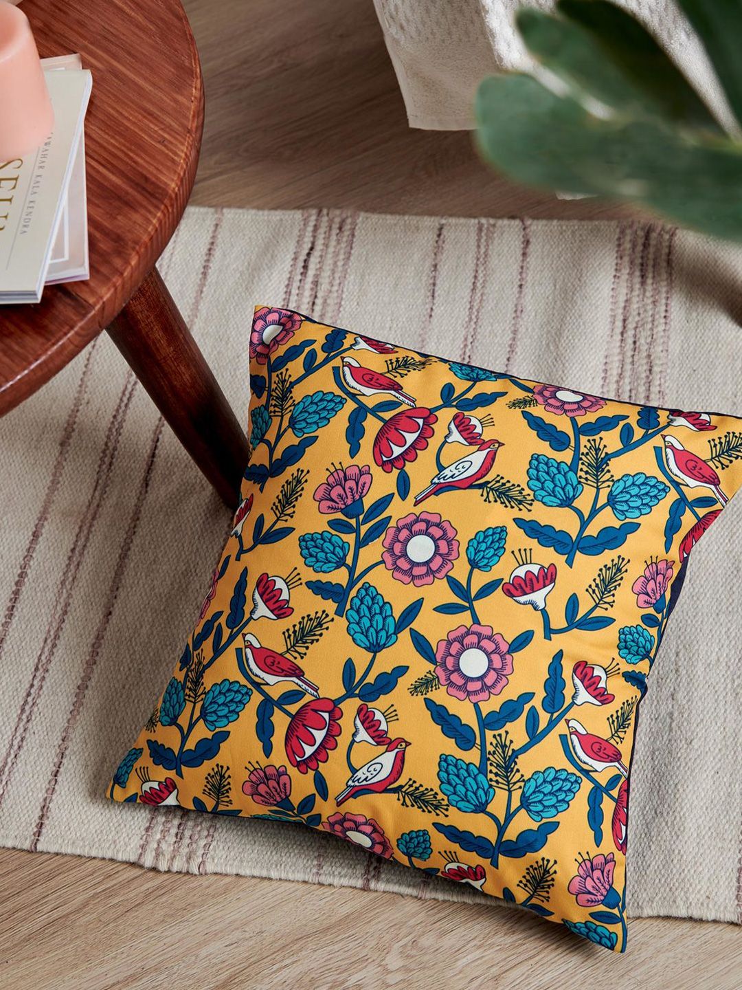 Chumbak Yellow & Blue Floral Square Cushion Cover Price in India