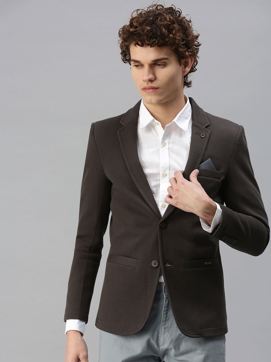 SHOWOFF Men Grey Melange Solid Single-Breasted Slim-Fit Blazer