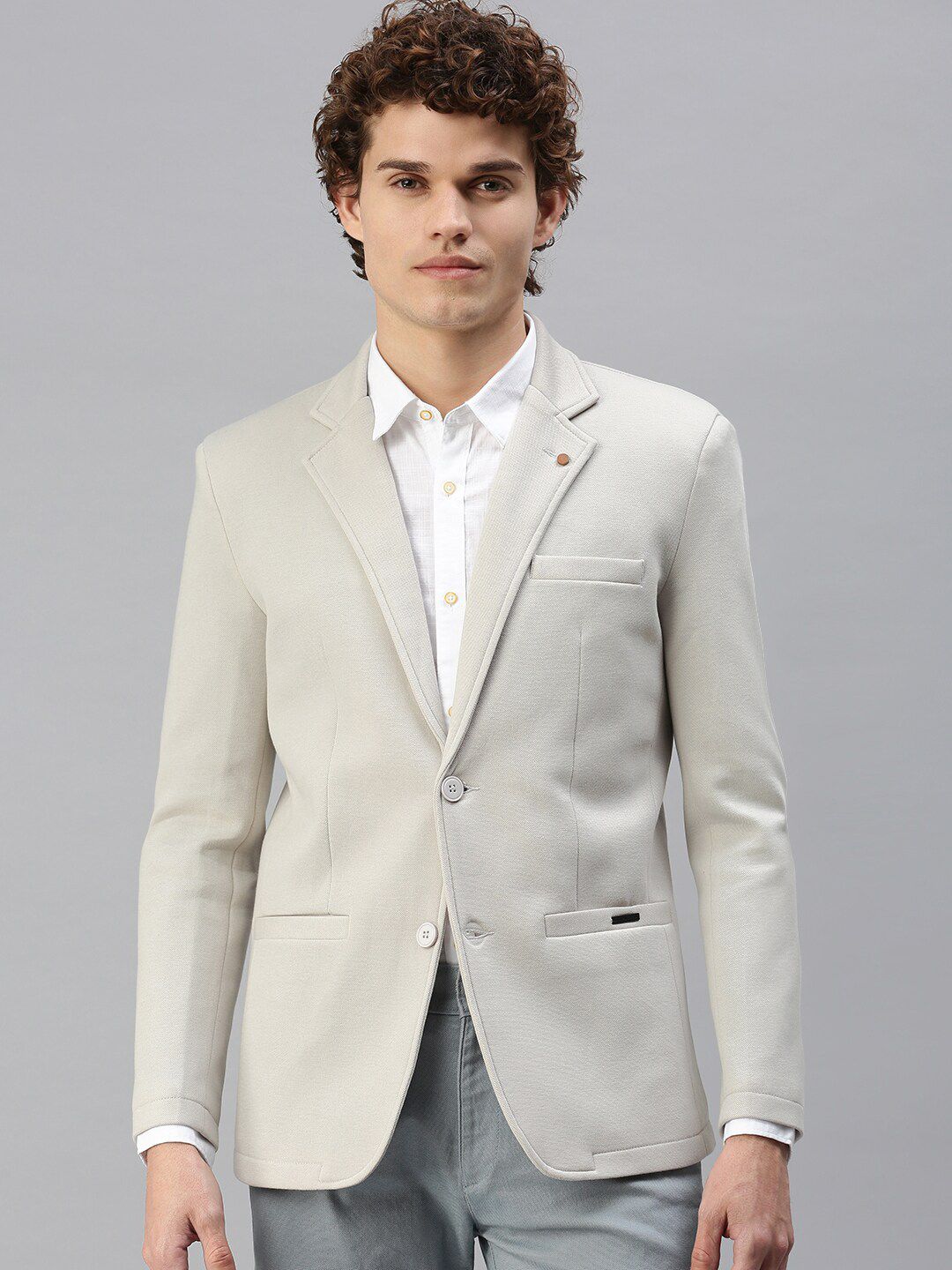 SHOWOFF Men Grey Solid Single-Breasted Slim-Fit Blazer