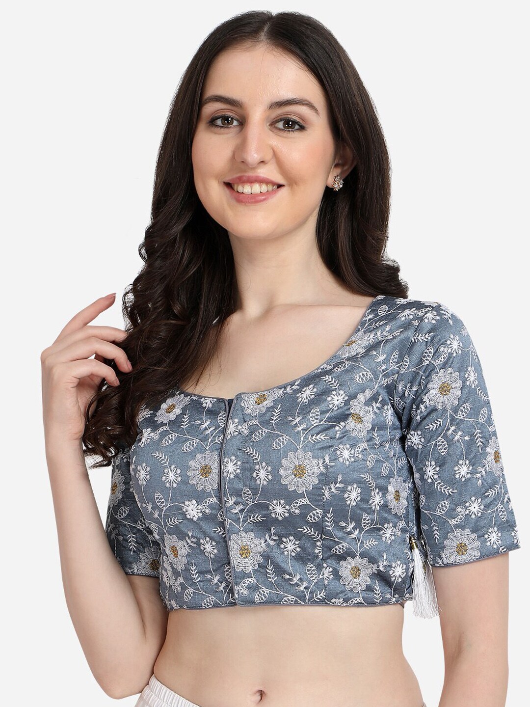 Fab Dadu Women Grey & Silver-Coloured Embroidered Saree Blouse Price in India