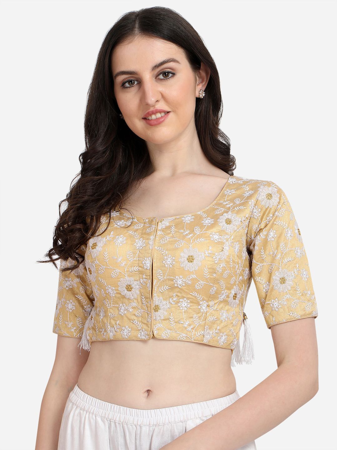 Fab Dadu Beige & Silver-Coloured Embroidered Saree Blouse Price in India