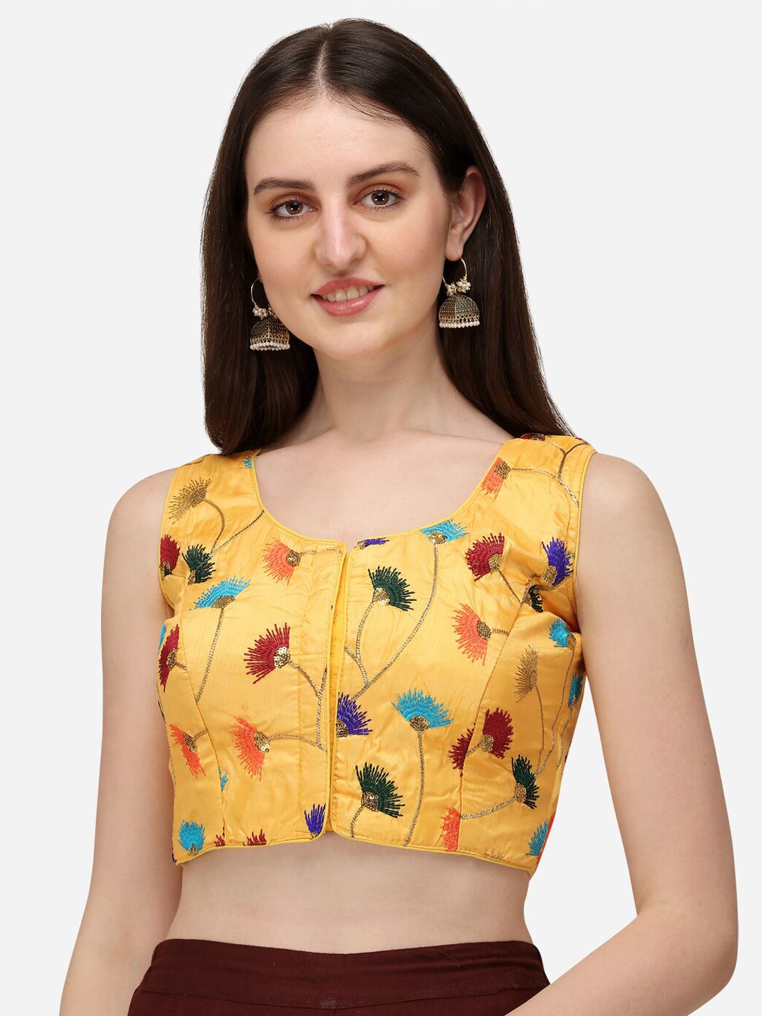 Fab Dadu Yellow & Orange Embroidered Saree Blouse Price in India