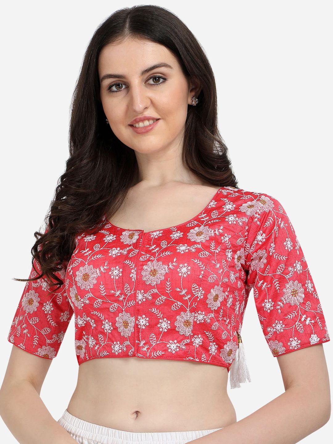 Fab Dadu Women Peach & Silver Embroidered Saree Blouse Price in India