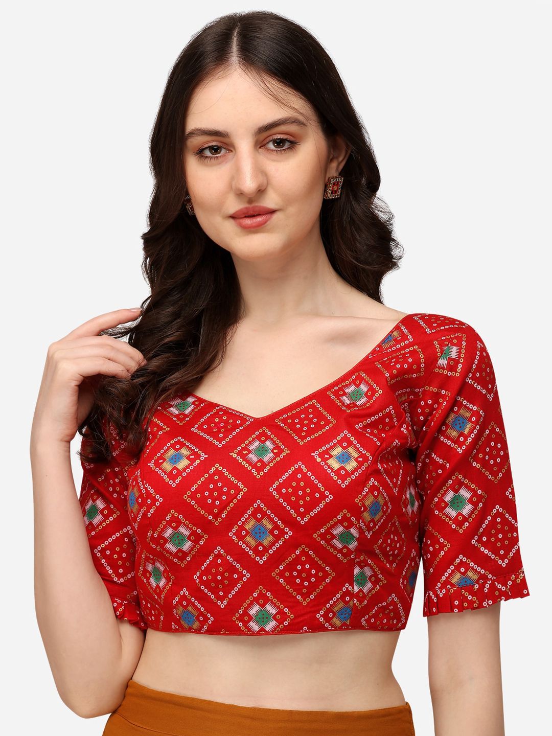 Fab Dadu Women Red Printed Jacquard Saree Blouse Price in India