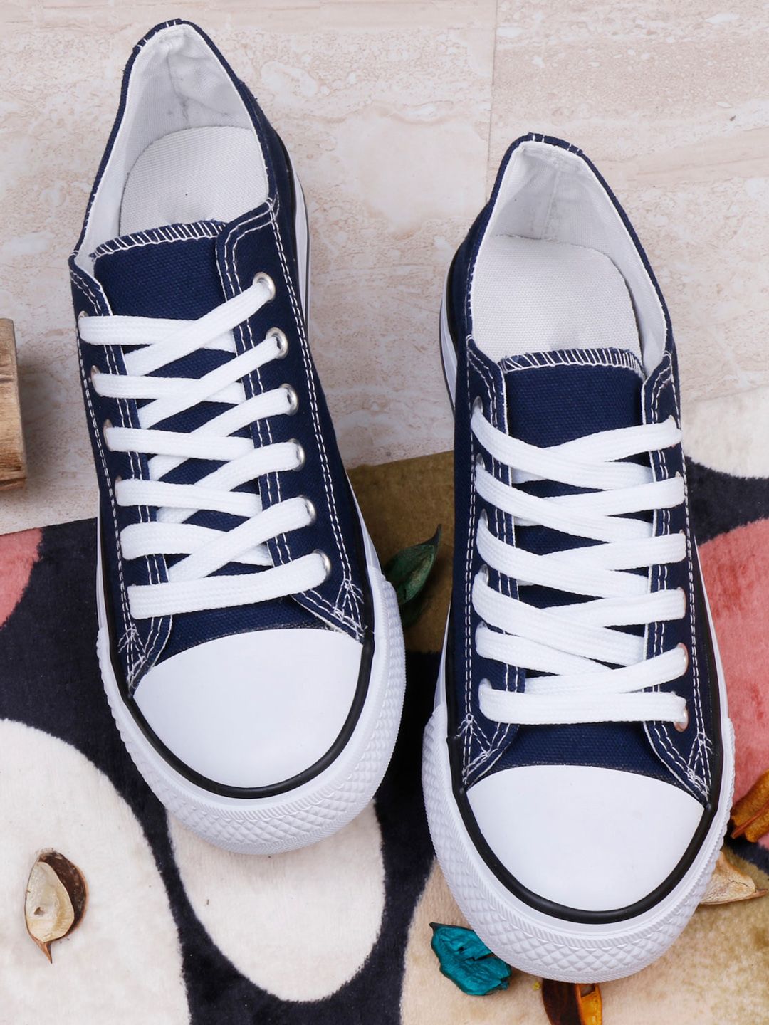 MOZAFIA Women Navy Blue & White Solid Sneakers Price in India