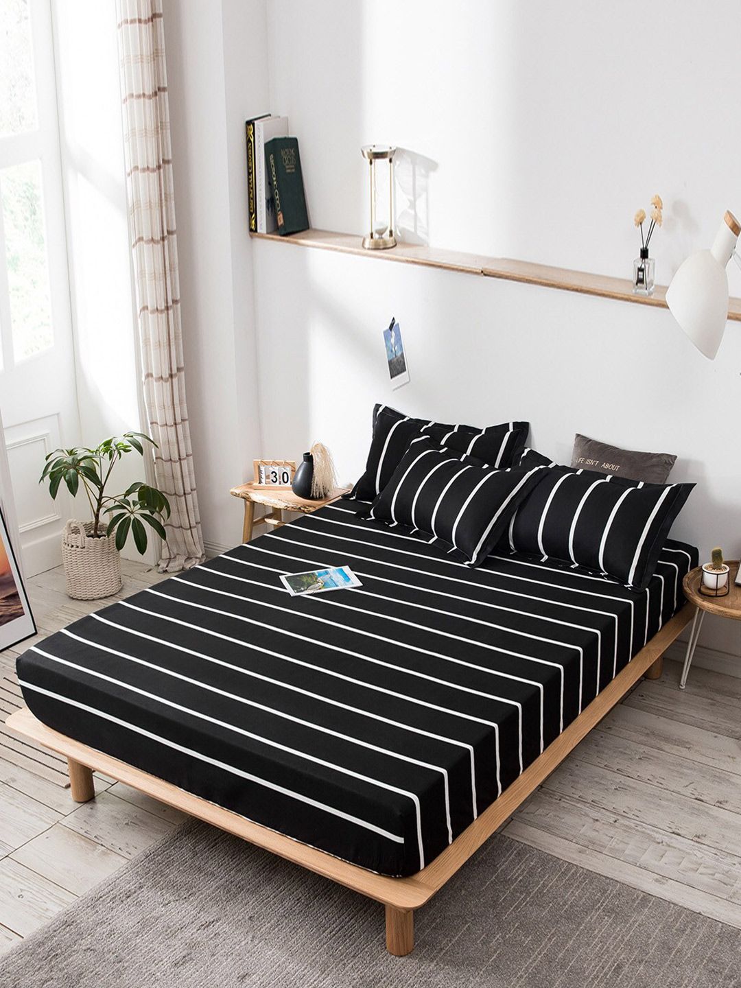 JC Collection Black & White Striped 160 TC Fitted Queen Bedsheet Price in India
