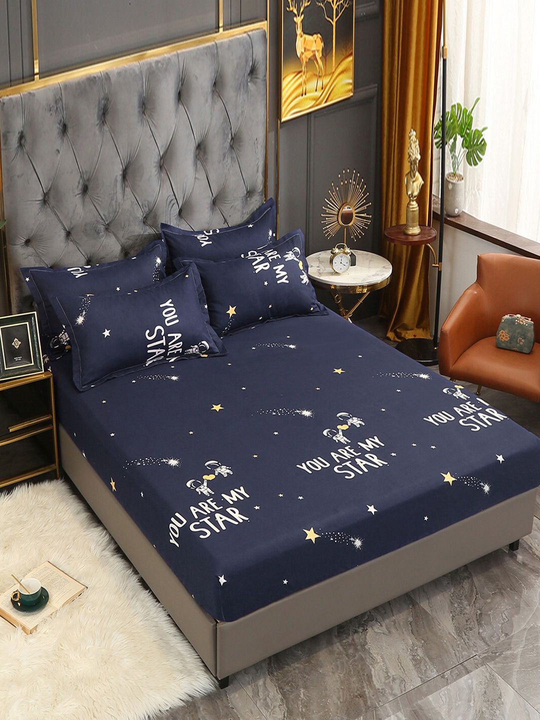 JC Collection Navy Blue & White Typography Printed 160 TC Queen Size Bedsheet with 2 Pillow Covers Price in India