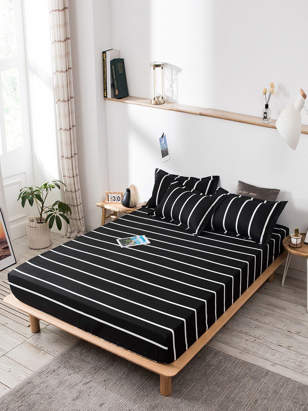 JC Collection Black & White Striped 160 TC Fitted King Bedsheet with 2 Pillow Covers Price in India