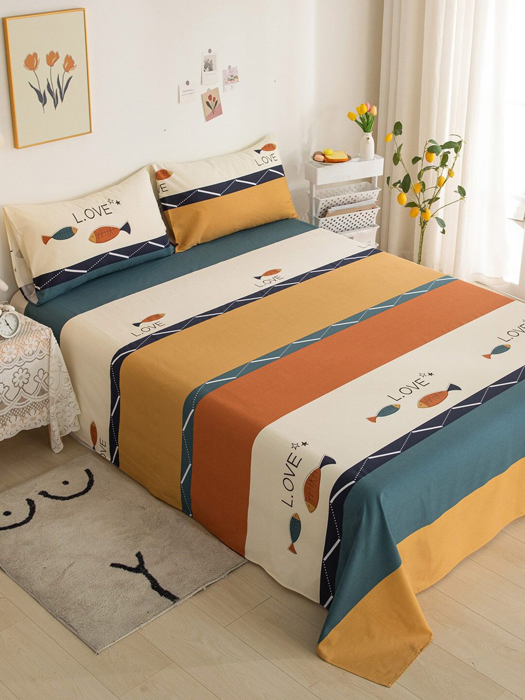 JC Collection Cream-Coloured & Orange Striped 200 TC King Size Bedsheet with 2 Pillow Covers Price in India