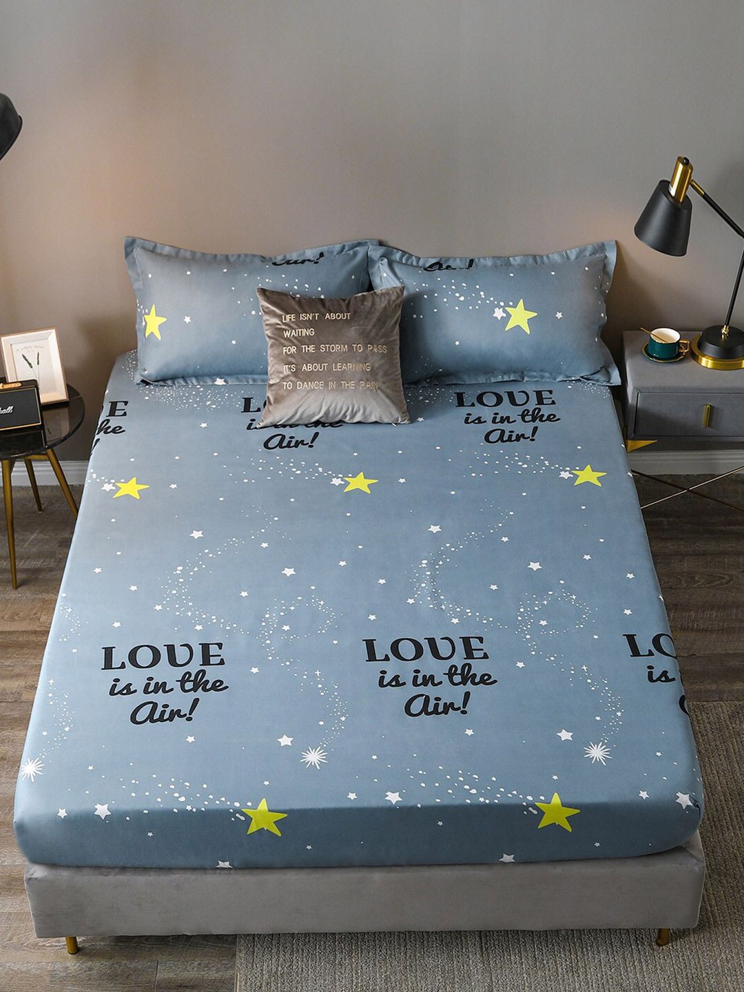 JC Collection Blue & Black Typography 160 TC Queen Bedsheet with 2 Pillow Covers Price in India