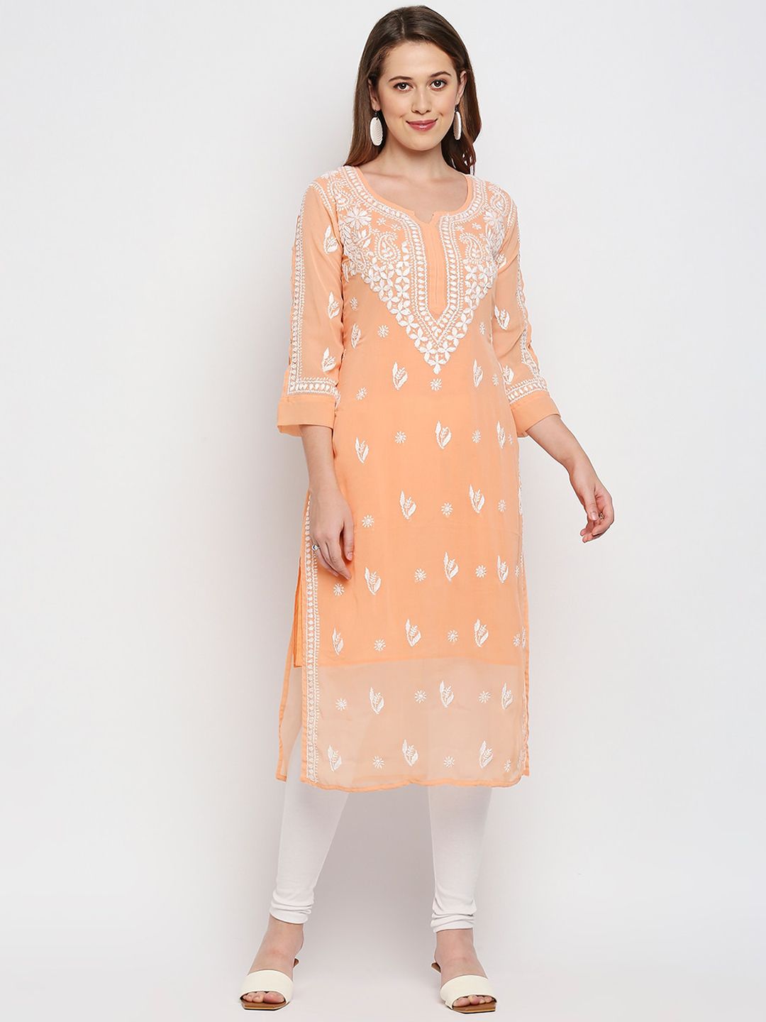 Indiankala4u Women Coral & White Ethnic Motifs Embroidered Chikankari Georgette Kurta Price in India