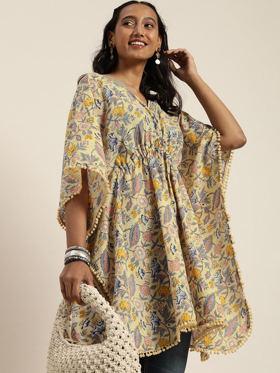 Taavi Women Beige & Blue Sanganeri Printed Pure Cotton Kaftan Longline Top