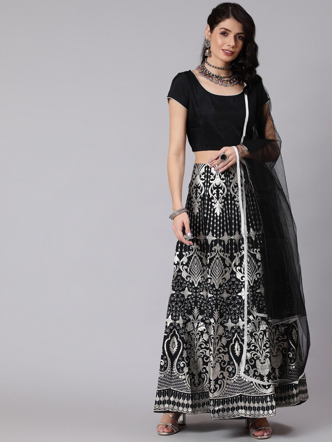 Awadhi Black & Silver-Coloured Printed Ready to Wear Lehenga & Blouse With Dupatta Price in India