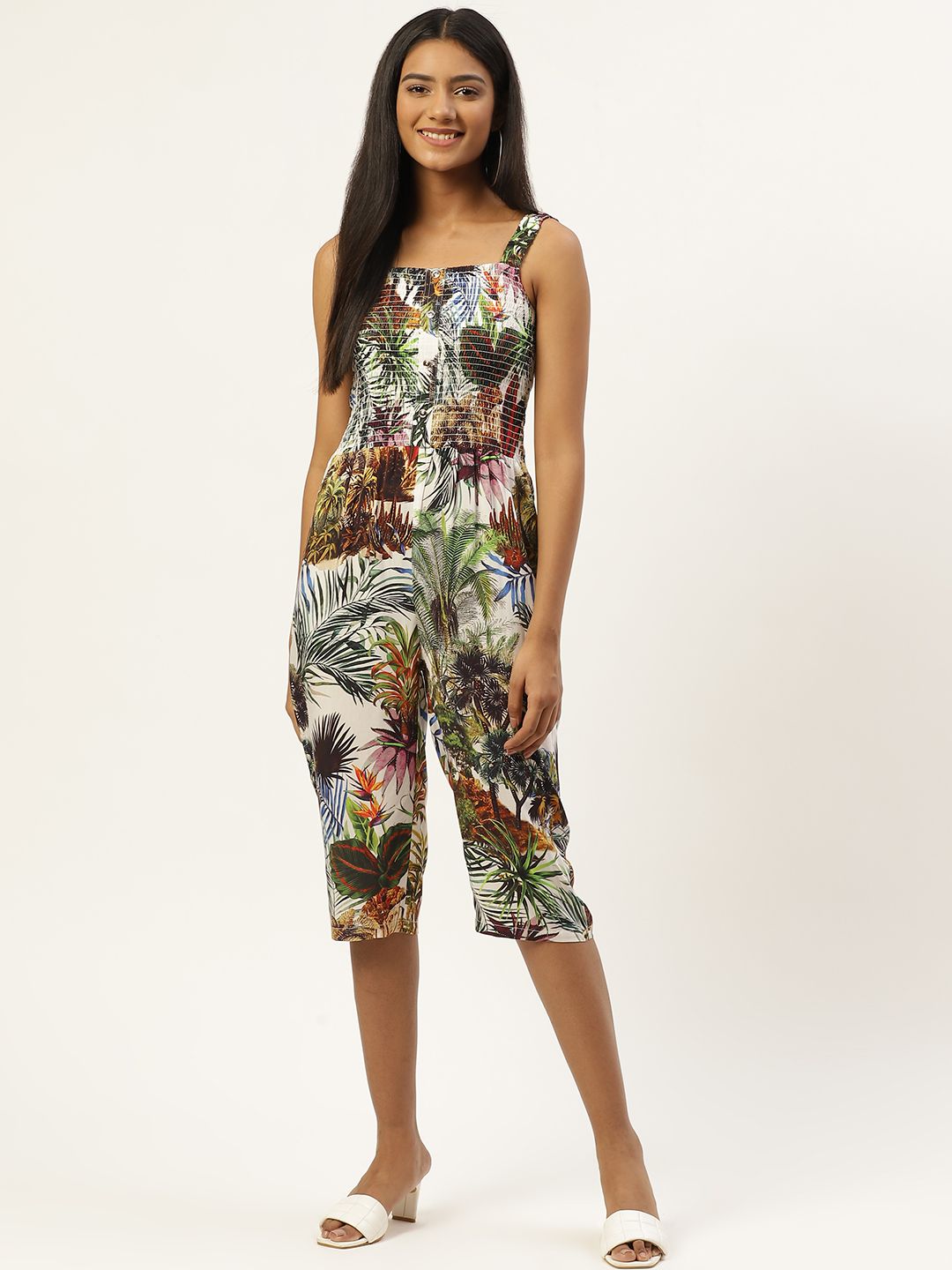 Rue Collection Multicoloured Printed Smocked Culotte Jumpsuit Price in India