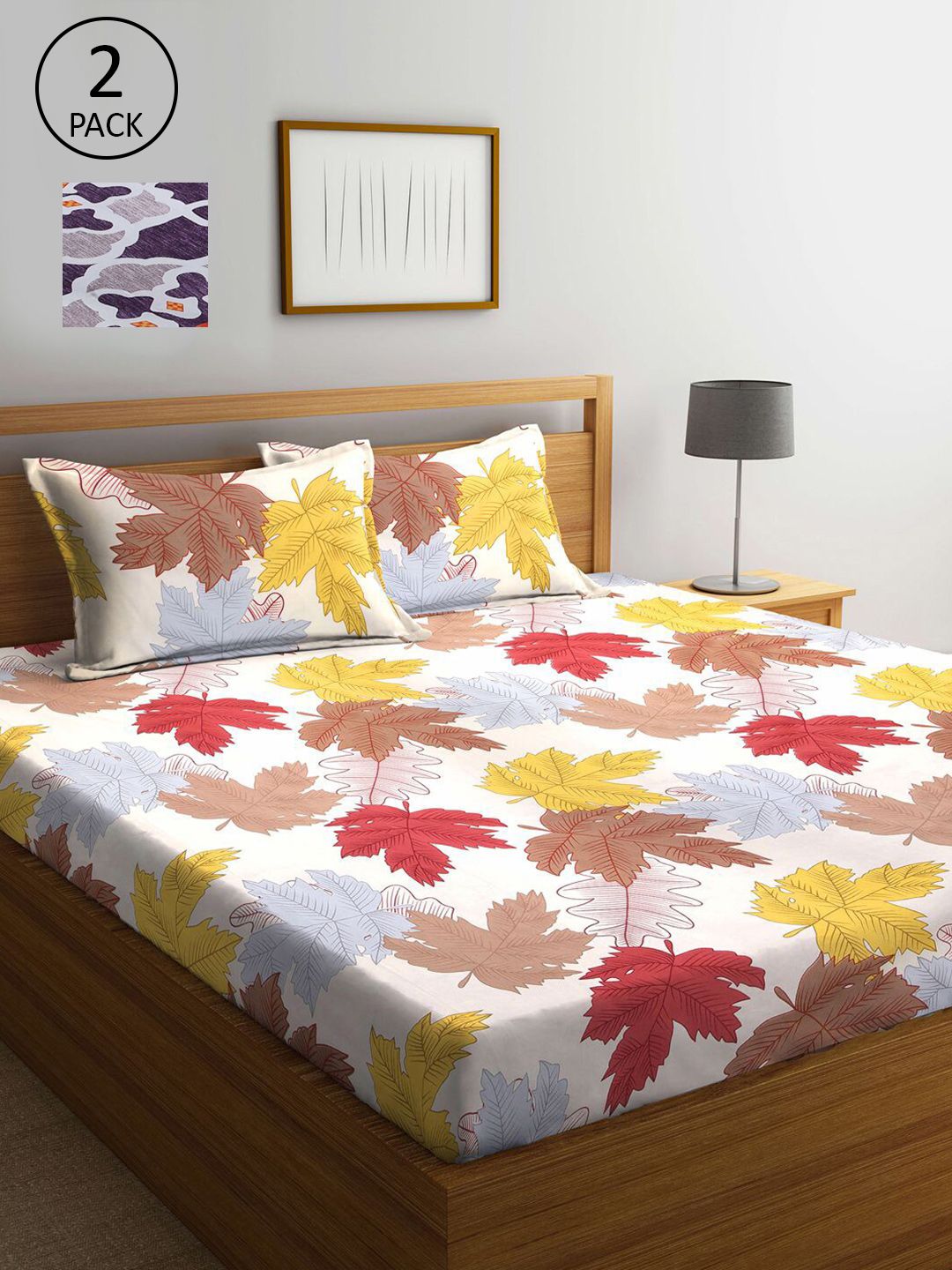 KLOTTHE Yellow & Violet Floral Printed 210 TC 2 King Bedsheets with 4 Pillow Covers Price in India