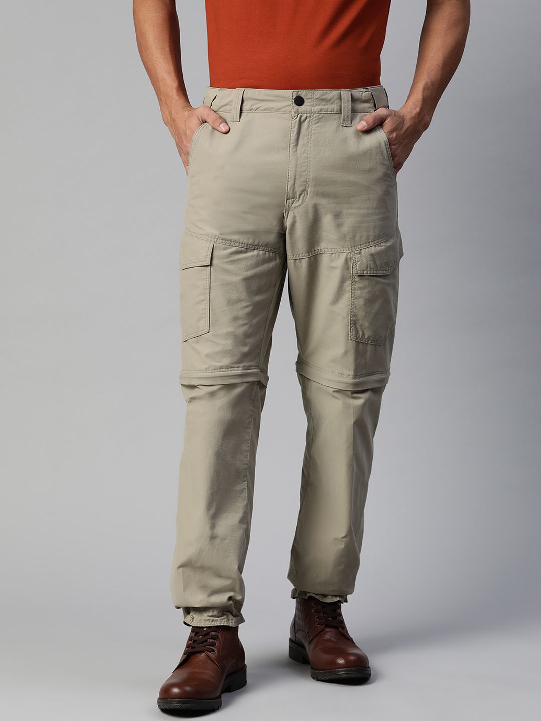 Marks Spencer Men Khaki Self Design Convertible Cargos Trousers